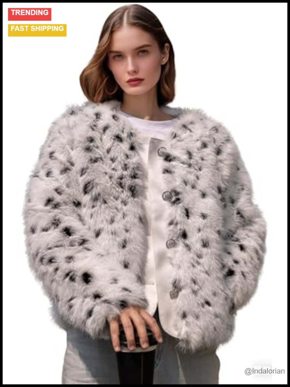 Faux Fur Snow Leopard Print Short Jacket Button Front Pockets